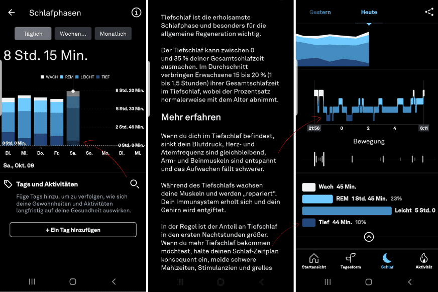 Die Daten zur Tiefschlafphase werden in der App dargestellt